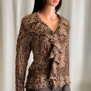 Vintage Y2K Allison Taylor Leopard Print Ruffle Lace Chiffon Blouse WhimsygothXL